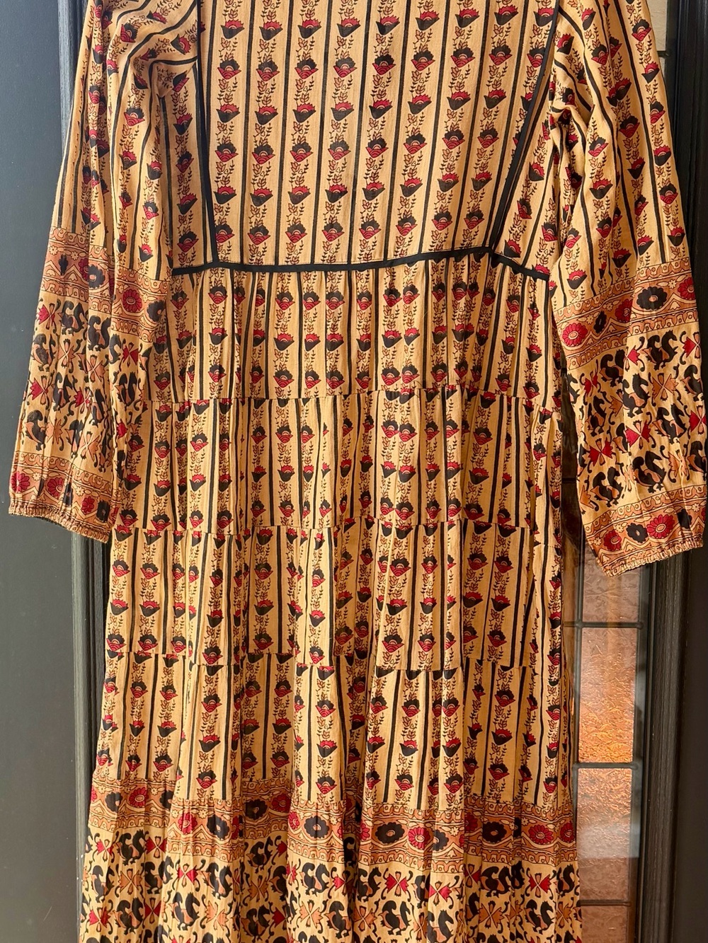 Cotton Indian Block Print Bohemian Tiered Midi Dress in Brown and Red